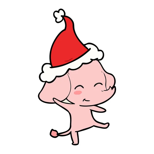 Dessin de ligne mignon d'un éléphant dansant portant le chapeau de Père Noël — Image vectorielle