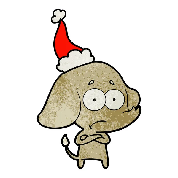 Desenhos animados texturizados de um elefante inseguro usando chapéu de Papai Noel — Vetor de Stock