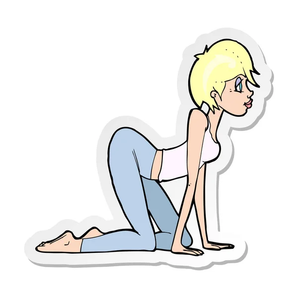 Pegatina de una mujer sexy de dibujos animados a cuatro patas — Vector de stock