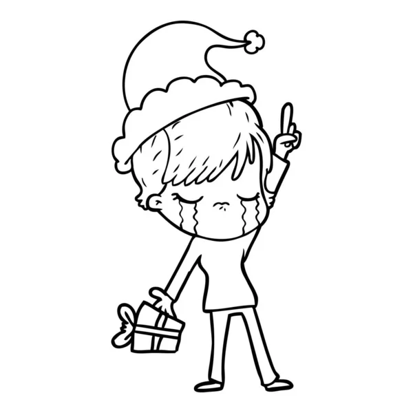 Linha de desenho de uma mulher chorando usando chapéu de santa — Vetor de Stock