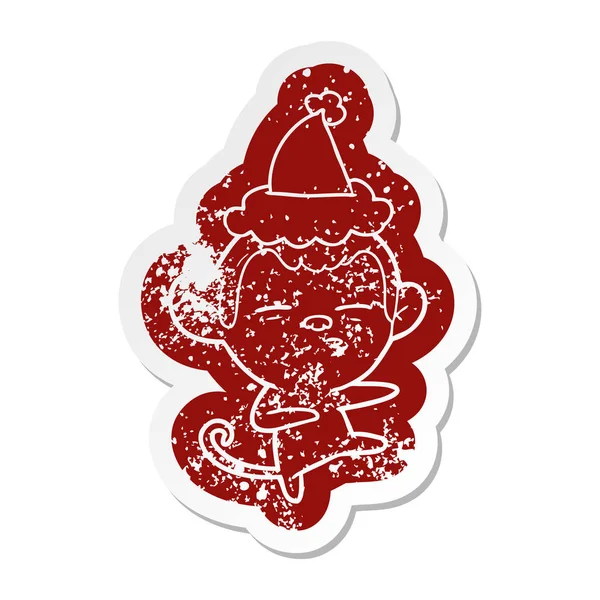 Noel Baba Şapkası Giyen Şüpheli Bir Maymunun Ilginç Karikatür Sıkıntılı — Stok Vektör