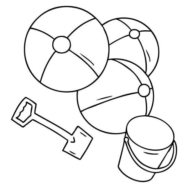 Gekritzelte Strandbälle mit Eimer und Spaten zeichnen — Stockvektor