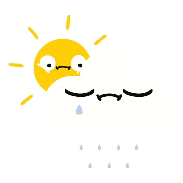Flat Color Retro Cartoon Sunshine Rain Cloud — Stock Vector