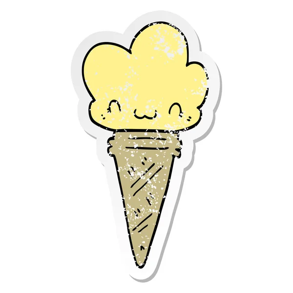 Etiqueta angustiada de um sorvete de desenho animado com cara — Vetor de Stock