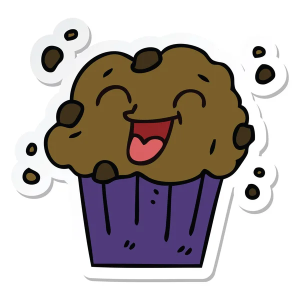 Aufkleber eines schrulligen handgezeichneten Cartoons fröhlicher Muffin — Stockvektor