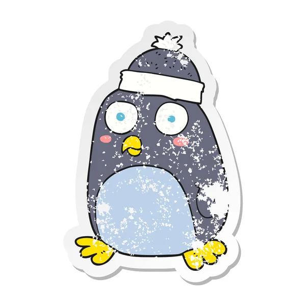 Retro adesivo angosciato di un pinguino cartone animato — Vettoriale Stock