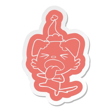 Noel Baba şapkası giyen bir tiksinti köpek ilginç çizgi film etiketi