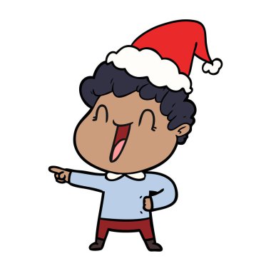 Noel Baba şapkası giyen mutlu bir adamın çizgi çizme