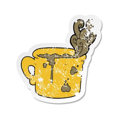 Retro etiket bir çizgi film eski kahve Kupası sıkıntılı