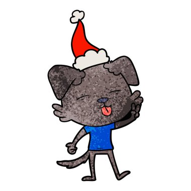 Noel Baba şapkası giyen dilini bir köpek dokulu çizgi film el çekilmiş