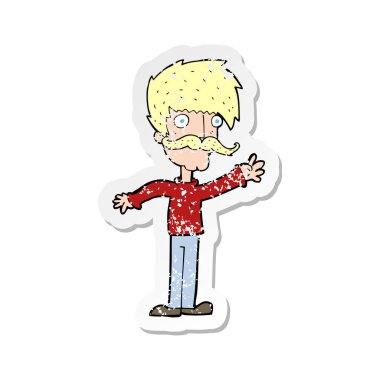 Retro sıkıntılı etiket bıyıklı adam sallayarak bir karikatür