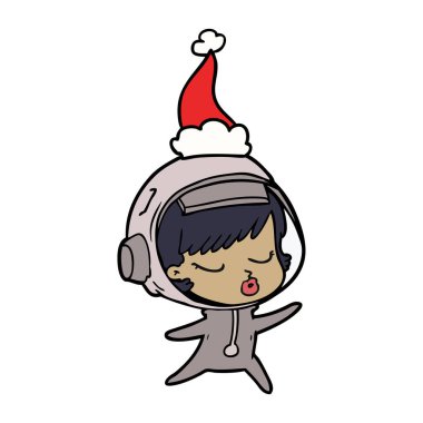 çizilmiş çizim için Noel Baba şapkası giyen bir güzel astronot kızın el
