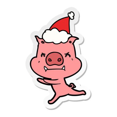 kızgın etiket karikatür Noel Baba şapkası giyen bir domuz