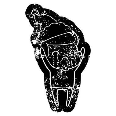 çizgi film sıkıntılı simgesi giyen Noel Baba şapkası ağlayan bir adam