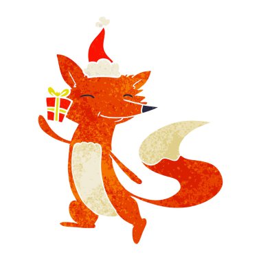 Noel Baba şapkası giyen bir mutlu Fox retro çizgi film el çekilmiş