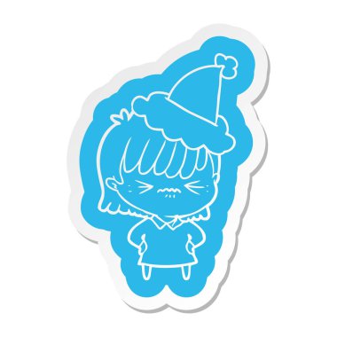 Noel Baba şapkası giyen bir kız rahatsız çizgi film etiketi