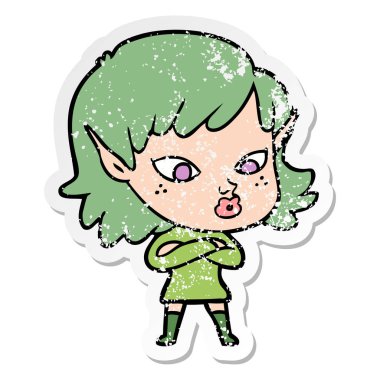 bir güzel karikatür elf kızın sıkıntılı etiket