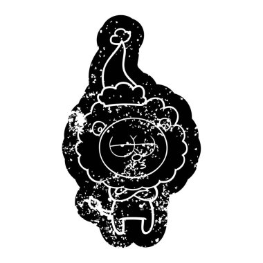 Noel Baba şapkası giyen Yorgun aslan çizgi film sıkıntılı simgesi