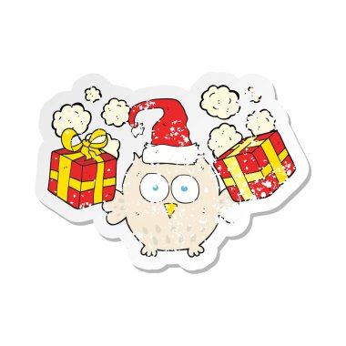 Retro sıkıntılı etiket bir karikatür Noel baykuş