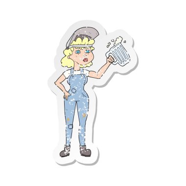 Retro sıkıntılı çıkartma olan bir çizgi film zor çalışma kadın olmak