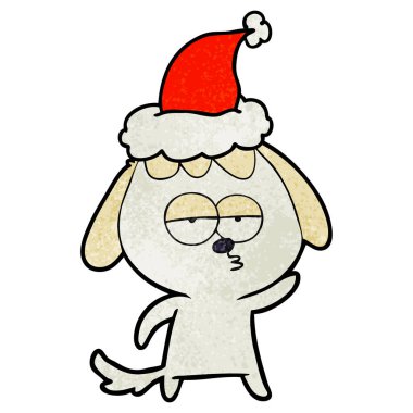 dokulu karikatür sıkılmış bir köpek Noel Baba şapkası giyen el çekilmiş