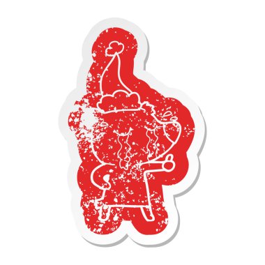 Noel Baba şapkası giyen ağlayan ayı sıkıntılı Etiket cartoon