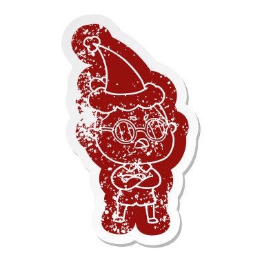 Noel Baba şapkası giyen rahatsız bir kadın karikatür sıkıntılı etiket