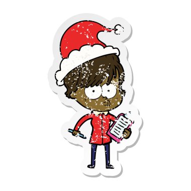 Noel Baba şapkası giyen bir kadın sıkıntılı etiket karikatür