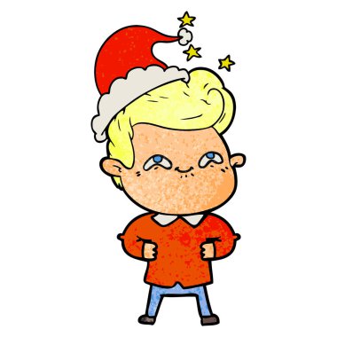 Noel Baba şapkası giyen bir heyecanlı adamın dokulu çizgi film