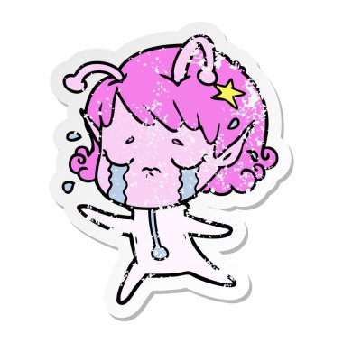 bir çizgi film ağlayan uzaylı kızın sıkıntılı etiket