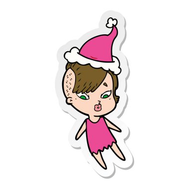 etiket karikatür Noel Baba şapkası giyen bir sürpriz kızın el çekilmiş