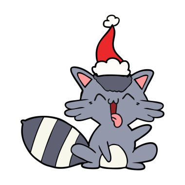 Noel Baba şapkası giyen bir rakun, sevimli çizgi çizme