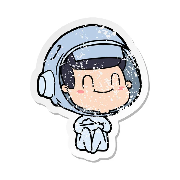 Distressed sticker of a happy cartoon astronaut — Stock Vector