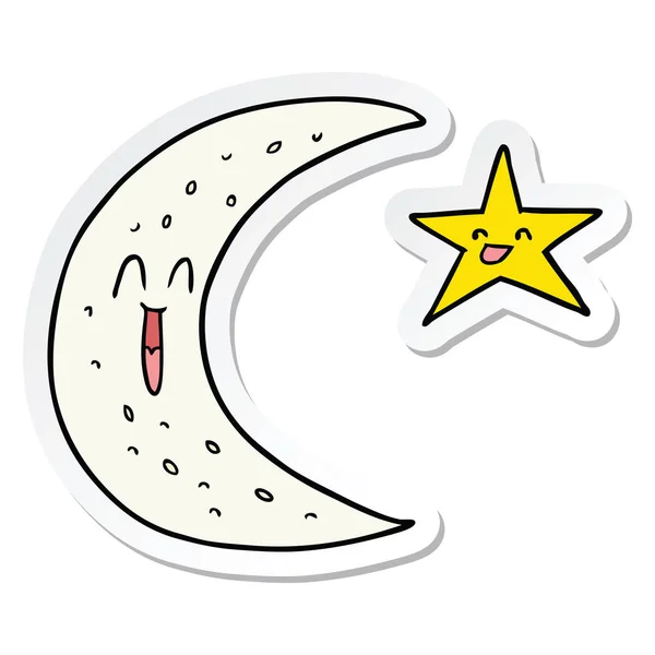 Sticker of a happy cartoon moon and star — Stock Vector