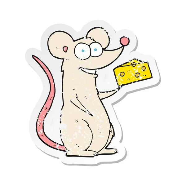 Retro naklejki kreskówka mysz z serem w trudnej sytuacji — Wektor stockowy