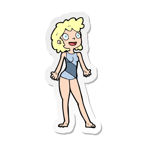 Etiqueta de uma mulher dos desenhos animados em traje de natação — Vetor de Stock
