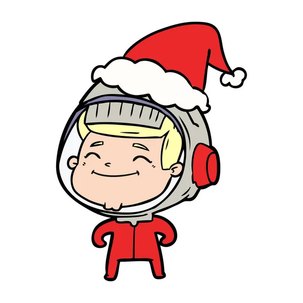 Szczęśliwy, rysunek linii astronauta kapeluszu santa — Wektor stockowy