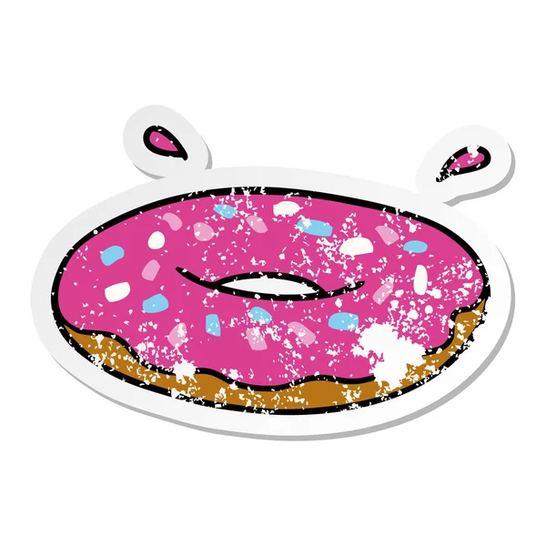 Handritad Nödställda Klistermärke Cartoon Doodle Iced Ring Donut — Stock vektor