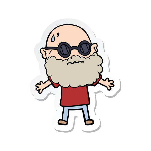 Etiqueta de um desenho animado preocupado homem com barba e óculos de sol — Vetor de Stock