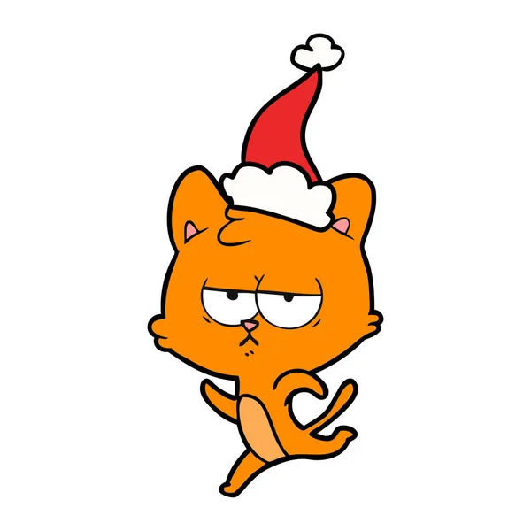 Dessin Dessiné Main Ennuyé Chat Portant Chapeau Père Noël — Image vectorielle