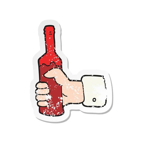 Retro Distressed Sticker Cartoon Hand Holding Bottle Wine — Stock Vector