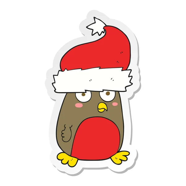 Sticker Cartoon Christmas Robin Wearing Santa Hat — Stock Vector
