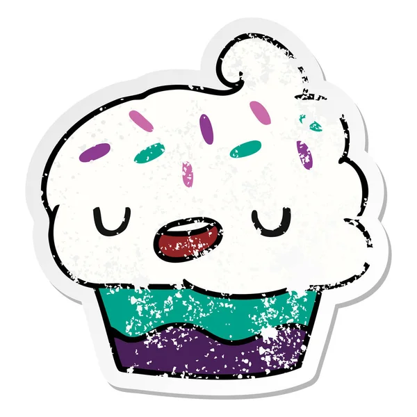 Adesivo angustiado desenhos animados kawaii de um cupcake bonito —  Vetores de Stock