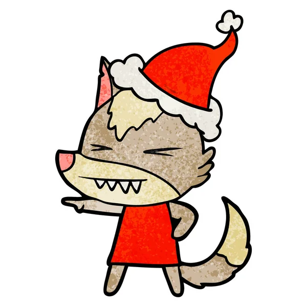 Lobo zangado texturizado desenhos animados de um chapéu de Pai Natal vestindo — Vetor de Stock