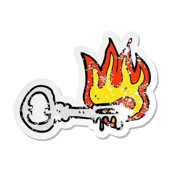 Retro distressed sticker of a cartoon flaming key — Stock Vector