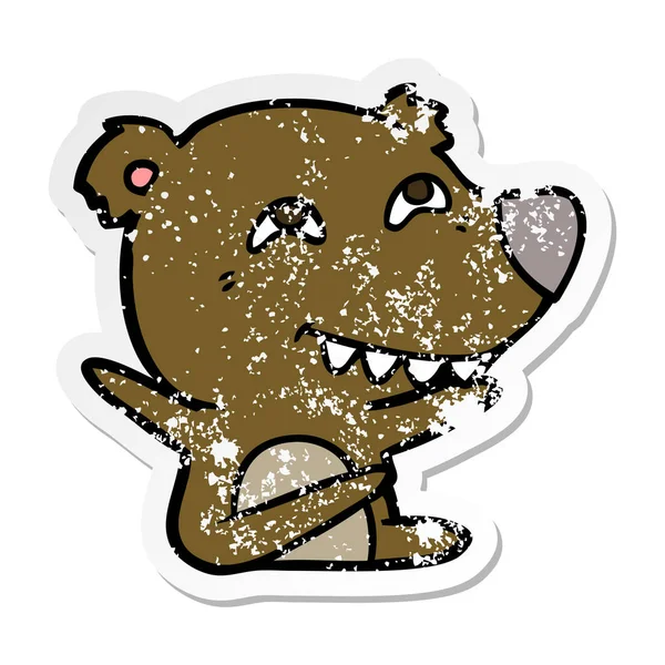 치아를 보여주는 만화 곰 고민된 스티커 — 스톡 벡터