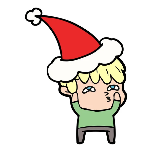 Dessin au trait d'un homme curieux portant un chapeau de Père Noël — Image vectorielle