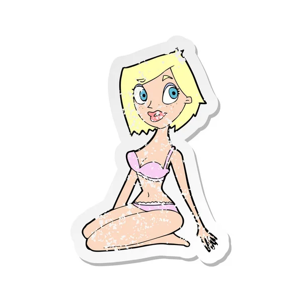 Retro noodlijdende sticker van een mooie vrouw van cartoon in ondergoed — Stockvector