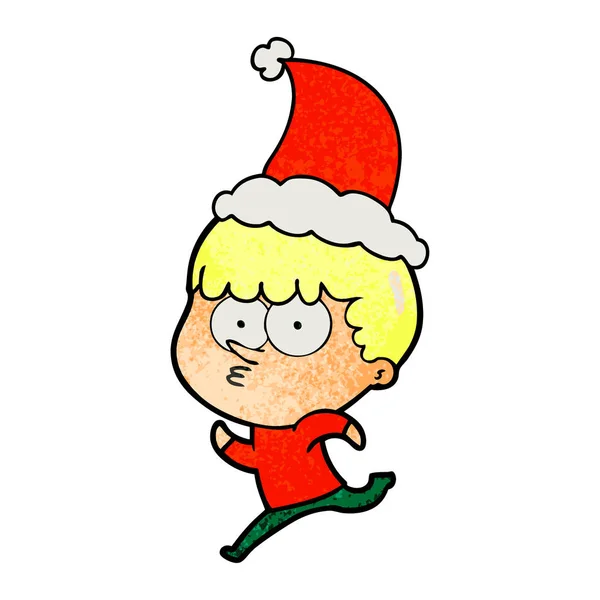 Caricatura texturizada de un chico curioso corriendo con sombrero de santa — Vector de stock