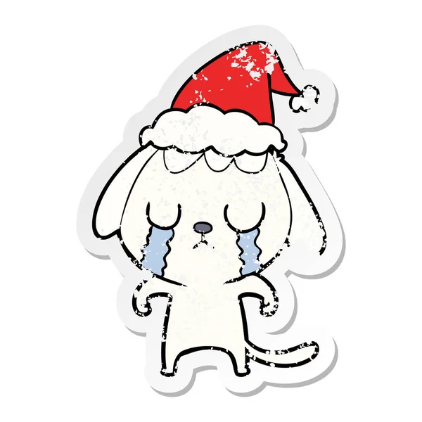 Niedlichen verzweifelten Aufkleber Karikatur eines Hundes weint trägt Santa ha — Stockvektor
